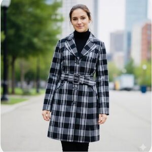 Black and White Plaid Coat with Belt